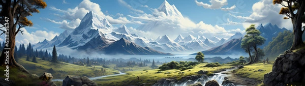 Obraz "Image of mountainous landscape, countryside, mountain range, illustration of mountains and snow."




