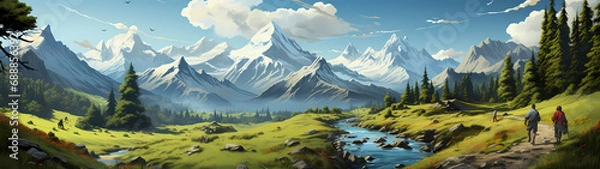 Obraz "Image of mountainous landscape, countryside, mountain range, illustration of mountains and snow."




