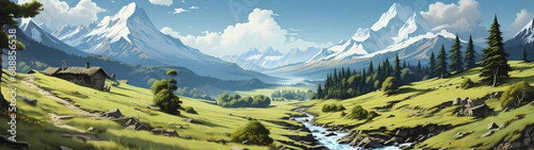 Obraz "Image of mountainous landscape, countryside, mountain range, illustration of mountains and snow."




