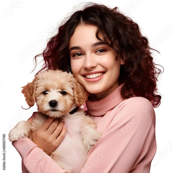Fototapeta Happy young woman with hugging cute puppy, smiling as pet owner holding dog with love and care in studio, isolated on transparent background Generative AI