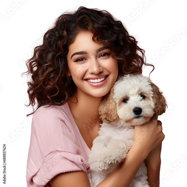Fototapeta Happy young woman with hugging cute puppy, smiling as pet owner holding dog with love and care in studio, isolated on transparent background Generative AI