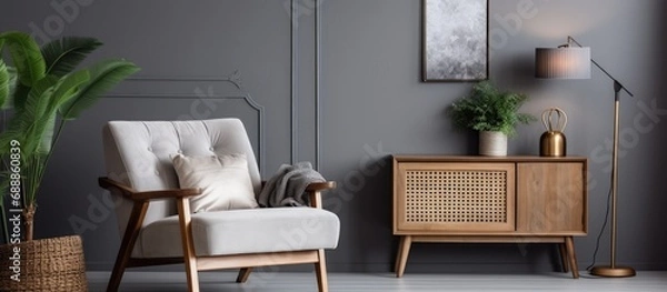 Obraz Stylishly decorate living room with chic chair, wooden desk, plants, cube, lamp, mock up poster frame, macrame, and elegant accessories. Gray walls.