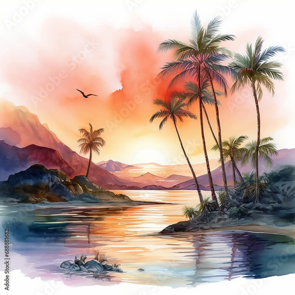 Fototapeta paradise seascape caribbean resort tropic palm shore watercolor wave sunrise dusk horizon 