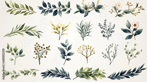 Fototapeta Set of floral watercolor logo elements. Wreath borders dividers, frame corners and minimalist flowers branch. Hand drawn line wedding herb, elegant leaves for invitation save the date card. Botanical.