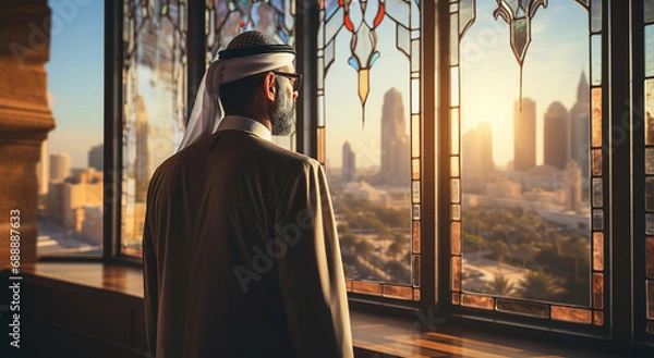 Fototapeta Arab businessman in traditional clothing stands in his office against a backdrop of skyscrapers. Back view. Generative AI