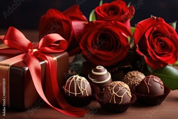 Fototapeta Sweet Valentine's Romance: Explore the Popularity of Chocolates, Roses, and Gifts on Valentine's Day, Iconic Symbols Symbolizing Sweetness and Indulgence in Love.

