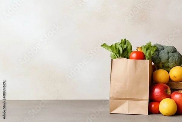 Fototapeta fresh food in a paper bag, copy space , generative ai