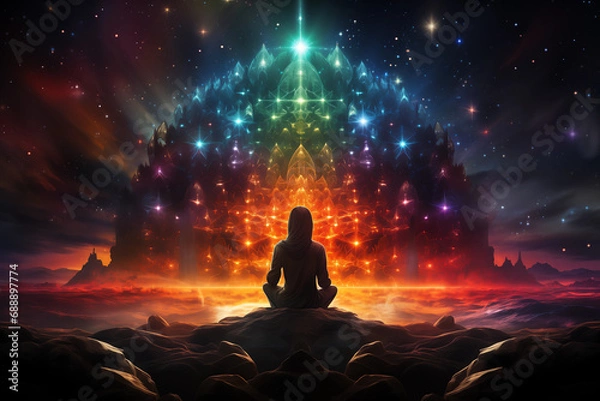 Fototapeta cosmic rebirth, life creation through, deep meditation and chakras