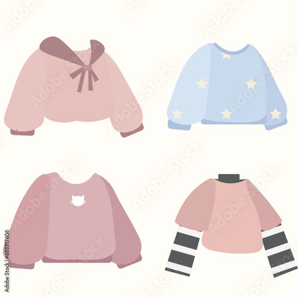 Fototapeta sweatshirt collection by koi, in the style of fairy kei, light maroon and blue, animated gifs, flat shapes, cottagepunk, elegantly formal, light purple and light amber 
