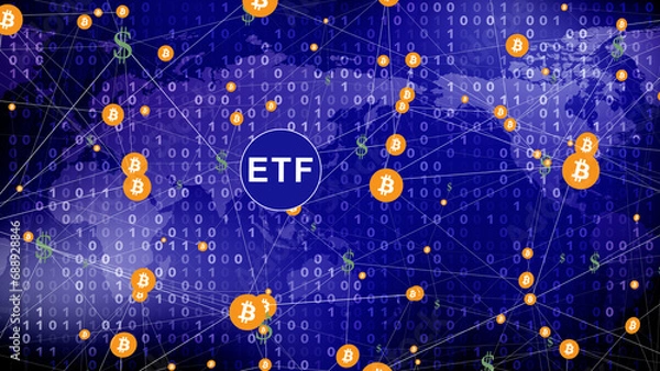 Fototapeta Financial technology and crypto revolution concept for future of digital money mapping dollar flow in bitcoin etf fund and its connection to decentralized blockchain network