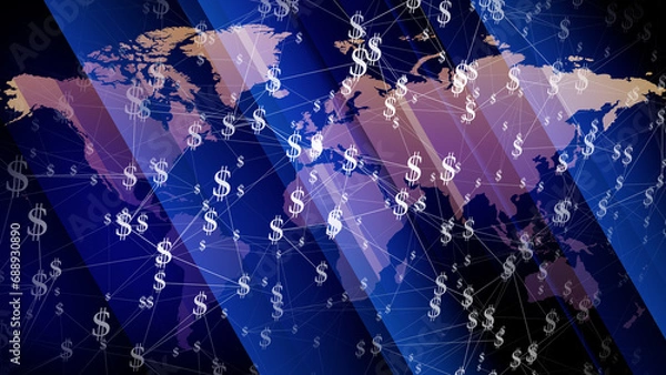 Fototapeta World map with dollars background financial news sphere showcasing global inflation, international finance, and worth of earnings in countries like australia and usa