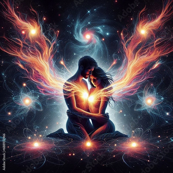 Fototapeta Twin flame couple. Soulmates. The concept of magical, esoteric, tantric, spiritual love. Connection between souls. Illustration for websites and much more. Created using generative ai tools.