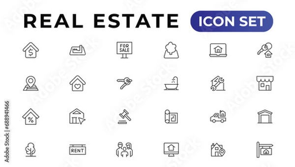 Fototapeta Real Estate minimal thin line web icon set. Included the icons as realty, property, mortgage, home loan and more. Outline icons collection.