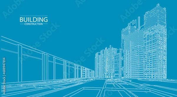 Obraz Building blue print perspective construction plan facades architectural sketch.Vector illustration