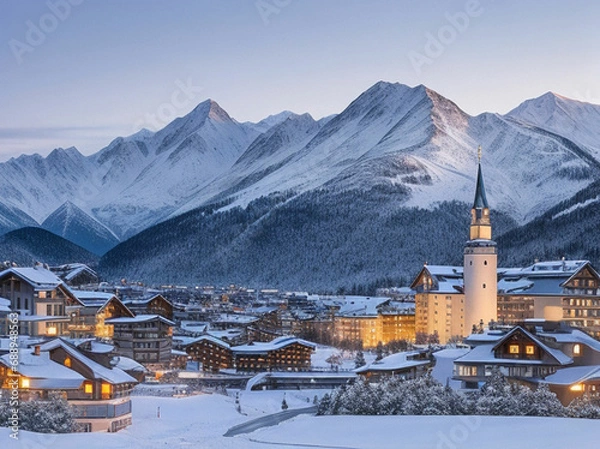 Obraz Fairy tale view of Saint Moritz on a snowy winter dusk, Engadine, Graubunden canton, Switzerland