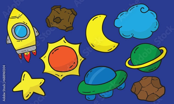 Fototapeta cute Space moon sun rocket  cloud UFO vector with blue background