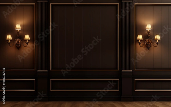 Fototapeta Dark brown wall mock up with copy space in classic style with wall lamps and brown parquet