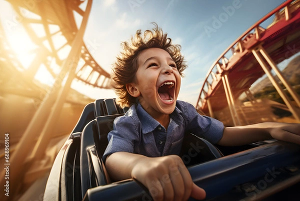 Obraz Happy boy having fun on roller coaster in amusement park, Hyperrealistic