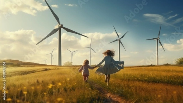 Fototapeta Little girl and child running in front of windmill, renewable energy and sustainable resource windmill. Child playing, environment, electricity, technology, generator, power