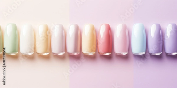 Fototapeta Nail polish samples in soft pastel colors. Colorful nail lacquer manicure swatches. Top view of nail art palette. Flat-lay.
