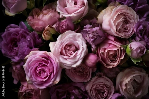Fototapeta Violet blossom flowers background. Blooming vibrant purple botanic arrangement. Generate ai