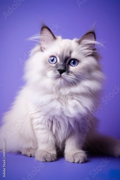 Fototapeta Fluffy cat character sitting adorably, with big, expressive eyes on a lavender studio background