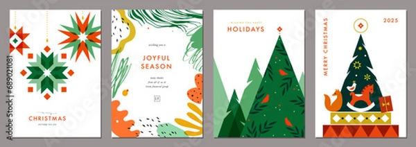 Fototapeta Winter Holiday backgrounds with Christmas ornament, Christmas trees, snowflakes, abstract elements, gift box, birds. Scandinavian style. For graphic and web design, social media banner.
