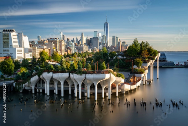 Fototapeta View of downtown Manhattan with the Little Island public elevated park in the foreground. New York City cityscape before the sunset.