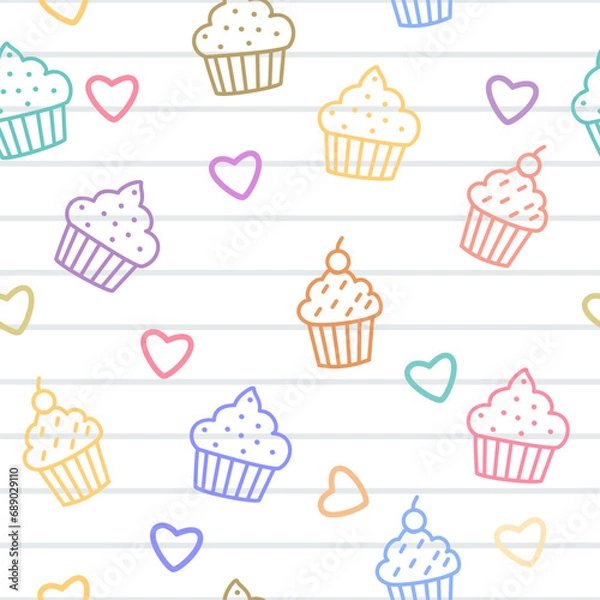 Fototapeta Seamless pattern with colorful doodle of cupcakes and hearts on lined background. Fun and cheerful hand drawn pattern for wallpaper, background, textile, wrapping paper. etc 
