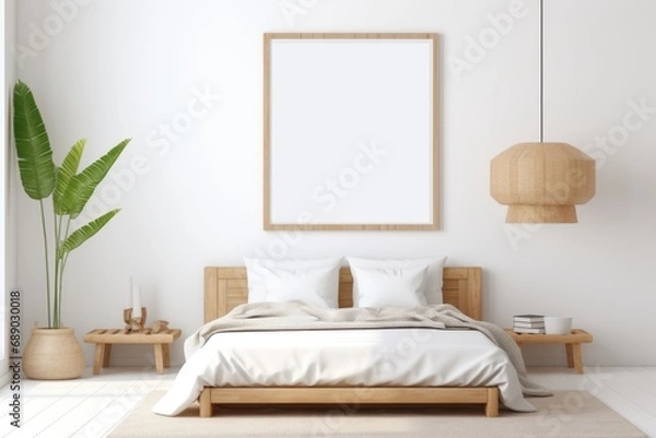 Fototapeta The interior of a bedroom with a Scandinavian-style bed with a frame layout on the wall