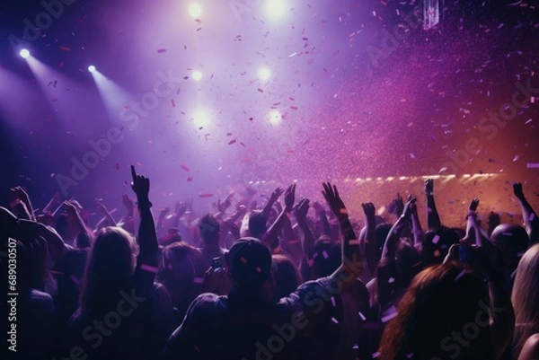 Fototapeta The crowd in the nightclub applauds, lights and confetti fall on the stage.