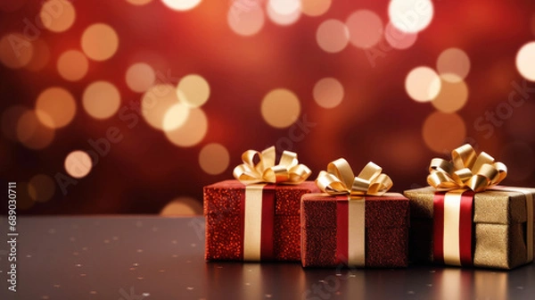 Fototapeta Golden gift presents on a light dark red background with colorful bokeh and stars glittering