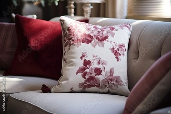 Fototapeta Fabric sofa with white and burgundy pillows.