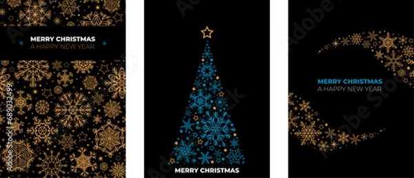 Fototapeta Merry Christmas. Simple Christmas vector cards with golden snowflake tree and snowflake pattern. Winter holidays illustration.