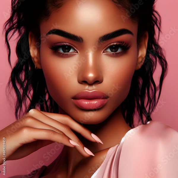 Fototapeta Closeup Portrait of a Stunning Woman with Sharp Features and Pink Makeup