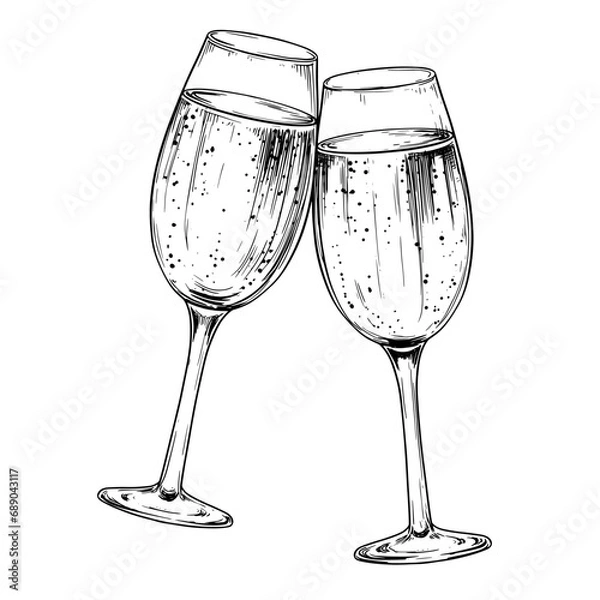 Fototapeta Two glasses of champagne vintage vector sketch illustration