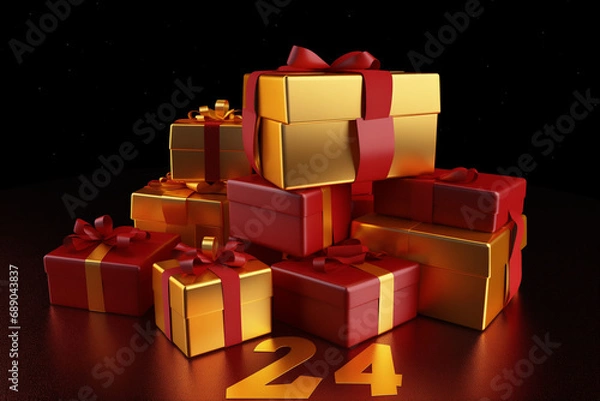 Fototapeta christmas gift red golden box generated by AI technology