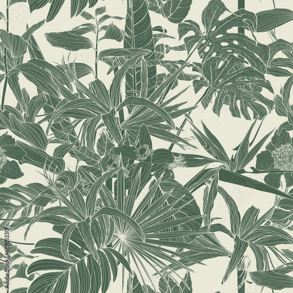 Obraz Seamless pattern background with Solomon's seal (Polygonatum multiflorum), palms, flowers,  monstera leaf drawing illustration. Exotic tropical line illustration.