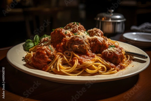 Fototapeta A gourmet meal elegantly presented on a table, showcasing culinary art, created with Generative AI technology