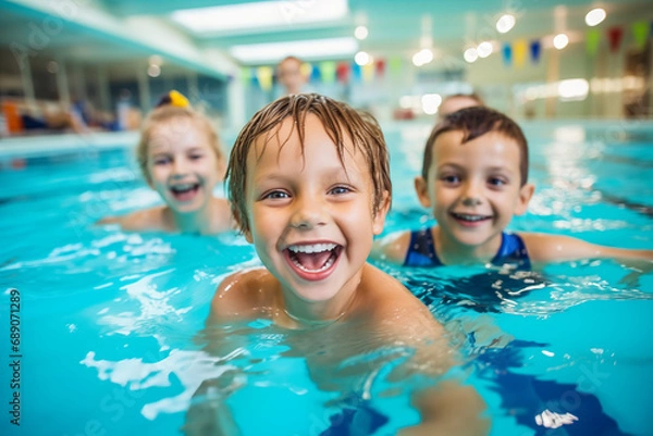 Obraz Diverse young children enjoying swimming lessons in pool, learning water safety skills, showing joy and camaraderie, representing a healthy lifestyle.