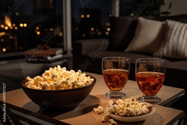 Obraz Cozy Movie Night At Home With Popcorn And Drinks