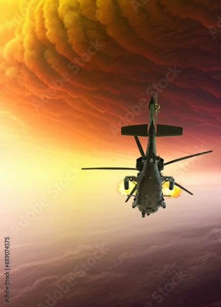 Fototapeta Military helicopter in storm cloud firing guns.