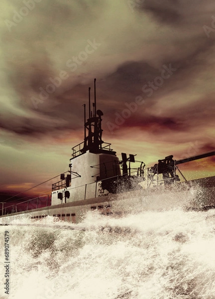 Fototapeta Submarine cutting through the ocean surface.