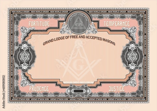 Fototapeta Horizontal blank for creating a certificate, diploma, securities or other documents. Classic design with Masonic symbols in pink tones. In A4 format.