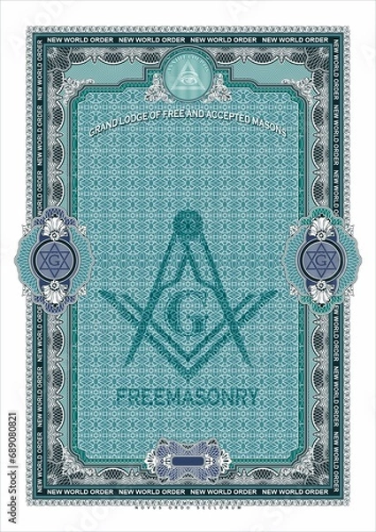 Fototapeta Vertical blank with Masonic symbols for creating certificates, diplomas, bills and other securities. Classic design in turquoise tones. In A4 format.