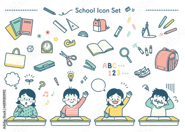 Obraz 小学校で勉強する子供達のイラストと文房具のアイコンセット　シンプル