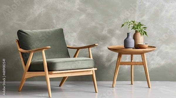 Fototapeta Minimalist composition of Scandinavian living room with design. Gray armchair and wooden coffee table and copy space in retro home decoration.