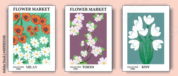 Fototapeta Flower market set of botanical posters with various flower arrangements. Illustrations for postcards, backgrounds, banners, advertising. Vector illustration.