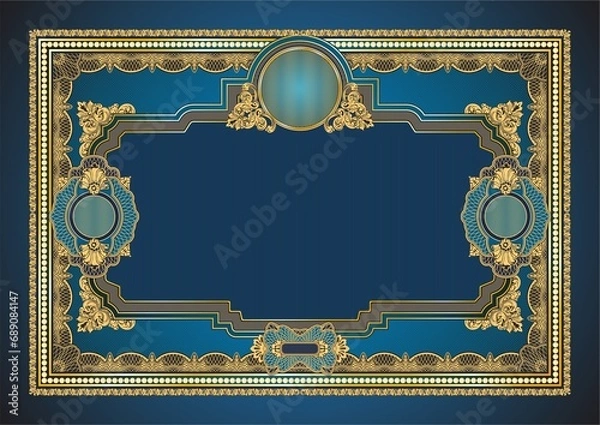 Fototapeta Blank horizontal form for creating certificates, diplomas or other securities and documents. Made in a classic style with rococo elements in gold tones on a blue background. A4 format.