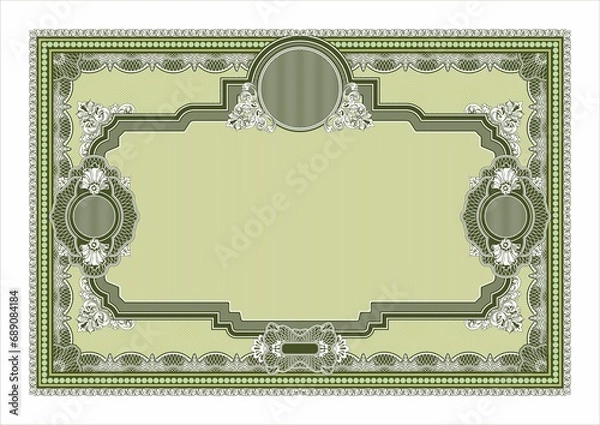 Fototapeta Blank horizontal form for creating certificates, diplomas or other securities and documents. Made in a classic style with rococo elements in green tones. A4 format.